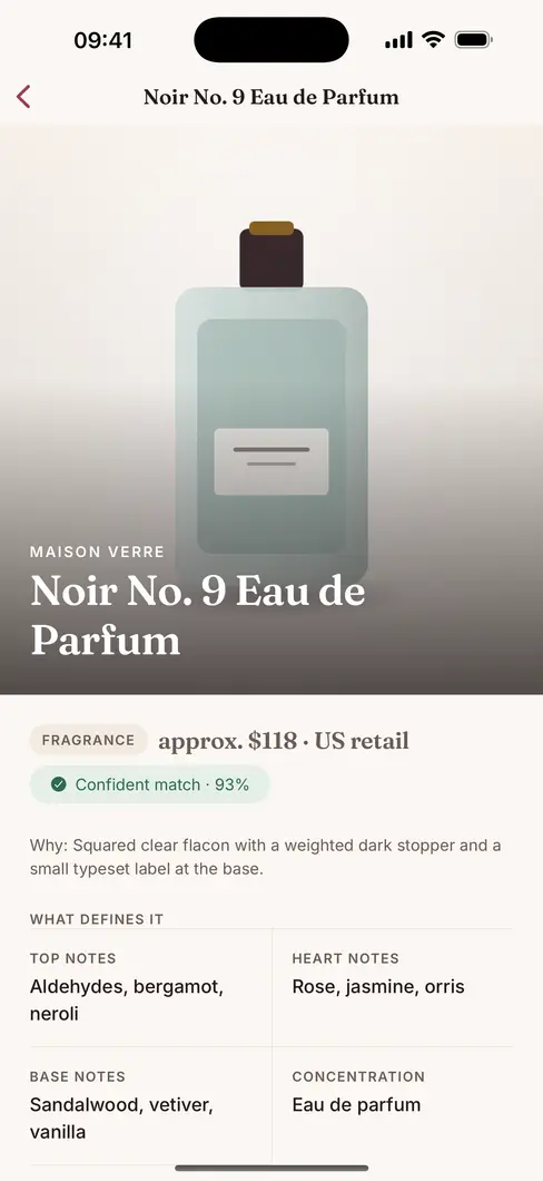 Dupely result screen: the fragrance identified as Noir No. 9 Eau de Parfum by Maison Verre, with an approximate price of $118, a 93% confident match badge, the reason it was recognised, and its top, heart and base notes.