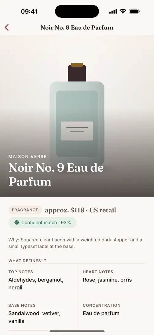 Dupely result screen: a fragrance identified as Noir No. 9 Eau de Parfum by Maison Verre, with an approximate price, a confidence badge and the notes that define it.