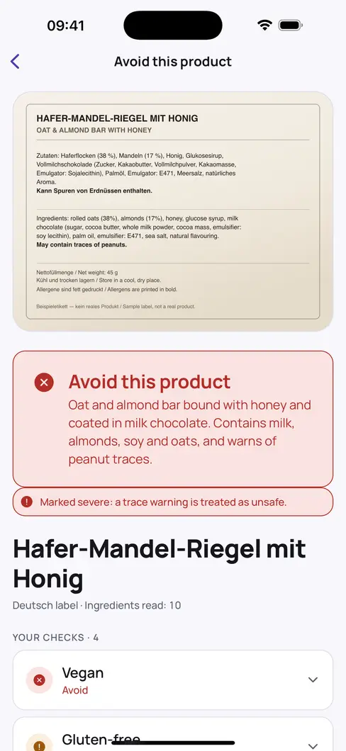 Bitewise result screen: a German oat and almond bar sample label, an Avoid verdict explaining that it contains milk, almonds, soy and oats and warns of peanut traces, and the per-diet checks beginning with Vegan — Avoid.